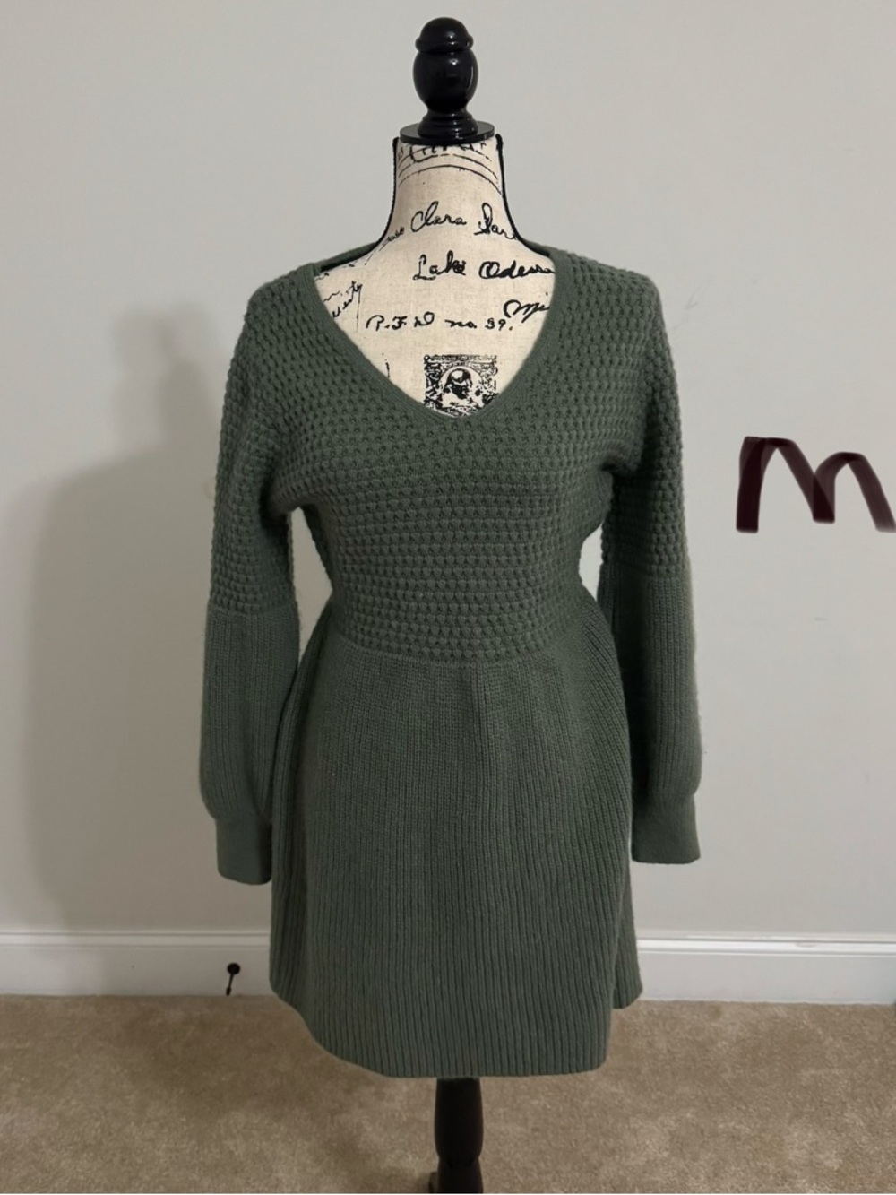 V-Neck Knit Sweater Dress in Olive Green